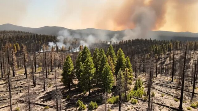 Drone aerial view of wildfire damage in a burnt forest with remaining green trees and smoke billowing in the sky