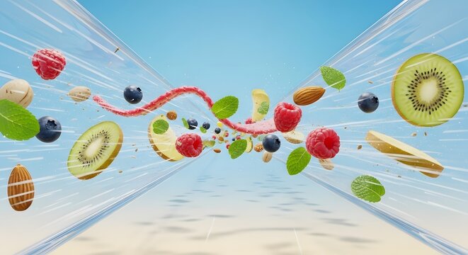 Assortment of fresh fruits and berries exploding in a water splash with explosion, raspberry