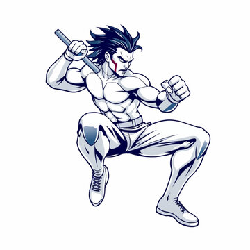 Martial Artist Mascot with Staff in Dynamic Fighting Pose