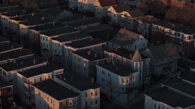 Aerial view of homes in Dorchester, Boston at sunrise. Shot on a spring morning.