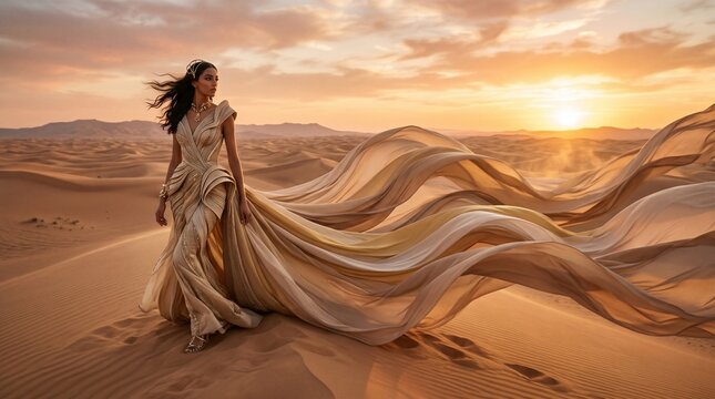  avant-garde haute couture editorial in a vast desert, tall fashion model wearing flowing sculptural beige and gold gown, gigantic fabric waves moving through the sand like