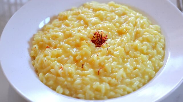 Close up horizontal video of traditional risotto alla milanese with saffron served on plate. Creamy Italian rice dish.
