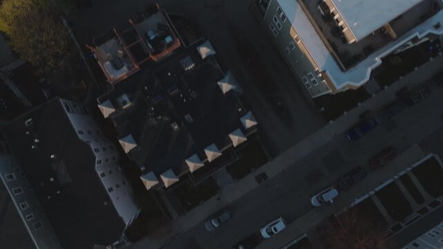 Aerial view of homes in Dorchester, Boston at sunrise. Shot on a spring morning.