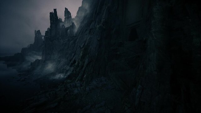 dark cliff fortress under stormy sky, towering spires and crumbling battlements loom over jagged basalt slopes, swirling fog and distant lightning create