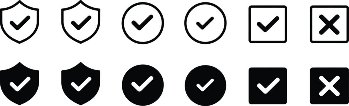 Vector illustration of a black and white abstract shield symbol set with glossy web buttons, navigation icons, and shiny circle badges