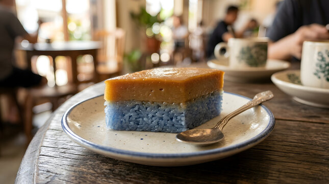 Pulut tai tai (moist steamed pressed blue Malaysian glutinous rice cake with coconut milk, butterfly pea flower extract) on white plate indoors of a casual modern morning kopitiam background