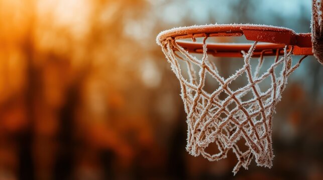 A stunning winter scene featuring a frosty basketball hoop highlighting the beauty of nature and sports in the cold season with intricate icy details on the net.