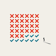 Obraz premium Silhouette of a businesswoman walking beside a grid of red crosses that turn into blue check marks. Minimal vector concept illustration for overcoming failure and achieving corporate success.