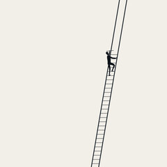Silhouette of a businessman building a seemingly infinite ladder as he climbs upward. Minimal vector concept illustration for self-made entrepreneurship and solo career growth. © jozefmicic