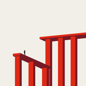 Silhouette businessman looking up at a much higher disconnected red bridge. Minimal vector concept illustration for difficult career advancement and overcoming large corporate obstacles.