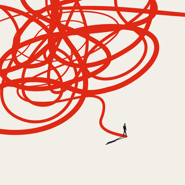 Silhouette of a businessman walking away from a giant tangled red knot onto a straight clear path. Minimal vector concept illustration for overcoming complex challenges and corporate problem solving.