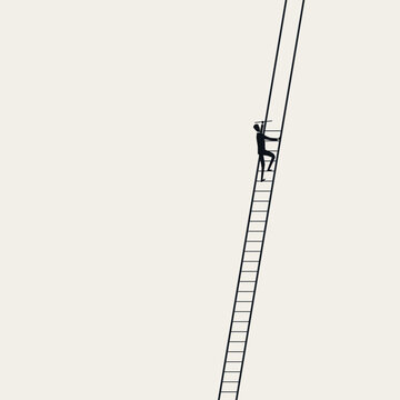 Silhouette of a businessman building a seemingly infinite ladder as he climbs upward. Minimal vector concept illustration for self-made entrepreneurship and solo career growth.