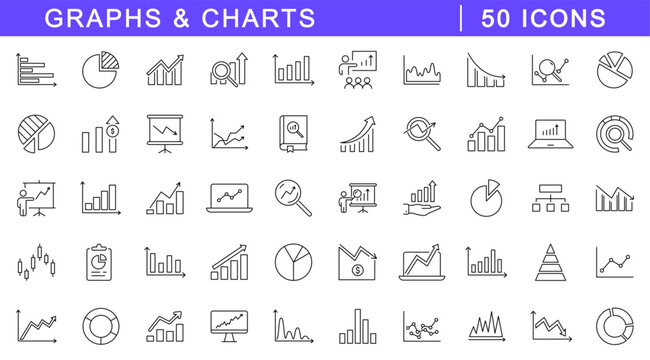 Graph and charts icon set. Data analytics icons in line style. Editable web icons data, graphics, statistics, diagrams, infographic, arrow, business, increase, decrease etc. Vector illustration.