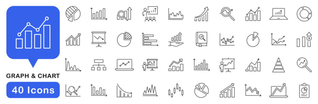 Graph and charts icon set. Data analytics icons in line style. Editable web icons data, graphics, statistics, diagrams, infographic, arrow, business, increase, decrease etc. Vector illustration.