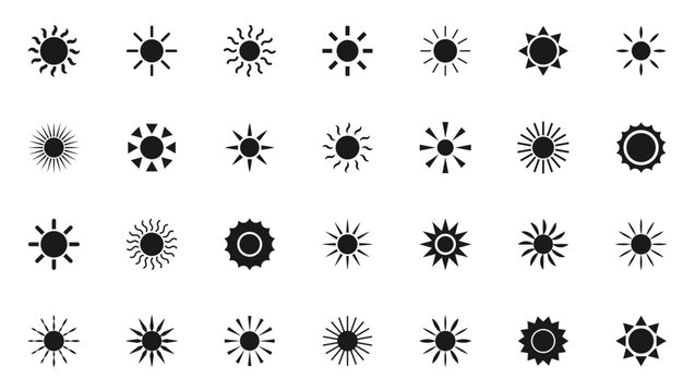 Sun icon set. Sunshine icons. Web icons for weather. Shine sun ray sign. Vector illustration.
