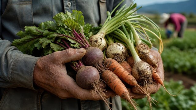 Farmer holding freshly harvested vegetables including carrots, turnips, and radishes with green tops, standing in a field with blurred background of crops and mountains