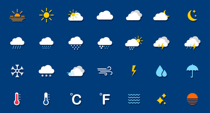Weather icon set. Weather icons for web. Forecast weather flat symbols. Pictogram vector icons.