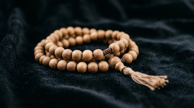 Buddhist prayer beads on black cloth.