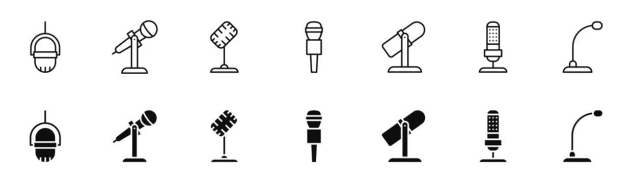 Microphone icon set. Mic line icons. Web icons podcast, voice recognition, record, karaoke, sound, audio, voice, conference, radio etc. Vector illustration.