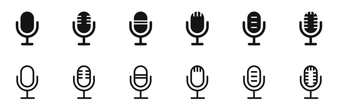 Microphone icon set. Mic line icons. Web icons podcast, voice recognition, record, karaoke, sound, audio, voice, conference, radio etc. Vector illustration.