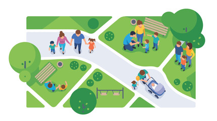 Obraz premium Isometric city park with families walking and playing, flat vector illustration of public garden landscape, outdoor summer recreation scene