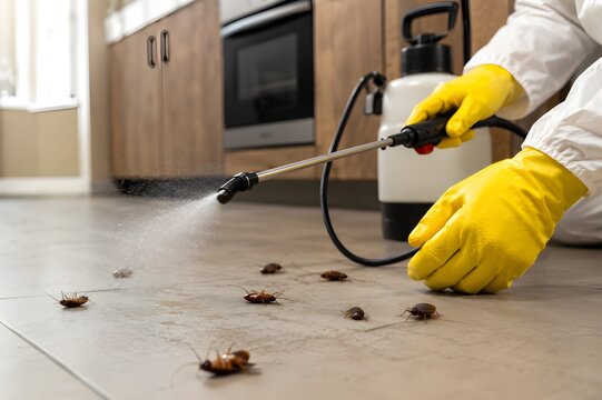 Pest Control Technician Spraying Cockroach Infestation on Kitchen Floor Using Professional Spray Wand During Residential Pest Extermination Service in Modern Home Interior Environment