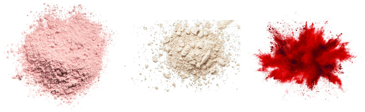 Three piles of cosmetic powder: pink, beige, and red explosion, isolated on transparent background