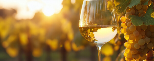 Obraz premium Scenic Vineyard Sunset with Glass of White Wine and Grapes