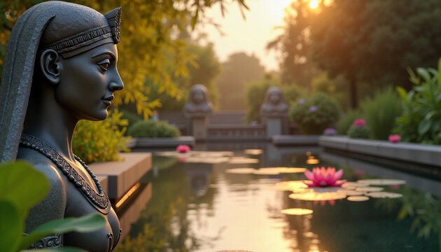Serene Egyptian goddess statue in garden at sunrise, tranquility concept