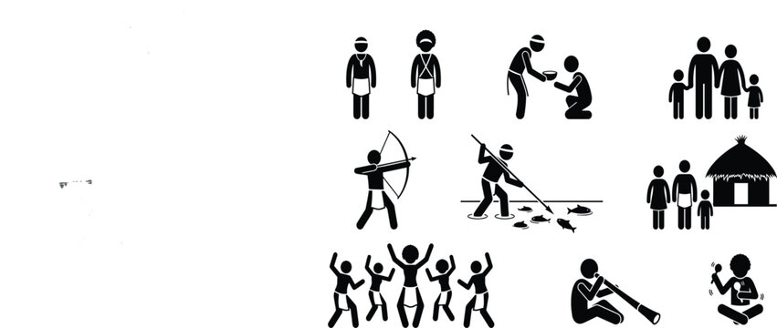african tribal life icons set black silhouettes on white background