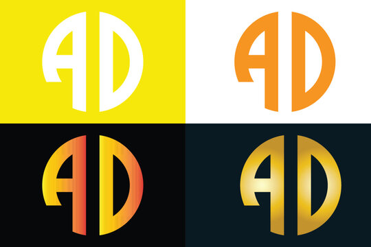 Minimalist AD letter logo design, circular monogram initial AD emblem set, modern corporate branding identity vector in gold and orange colors