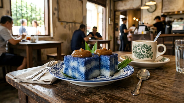 Pulut tai tai, traditional dessert from Malaysia made from butterfly pea flower and pandan extract served in a plate with cup of coffee against kopitiam background