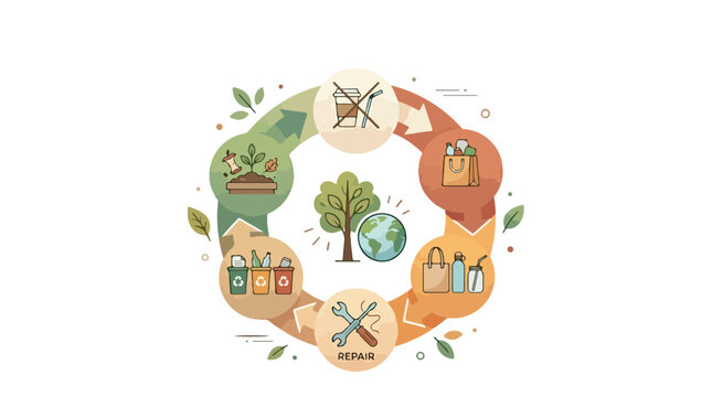 Eco sustainability infographic illustrating the circular economy principles of reduce reuse repair recycle and compost for environmental protection