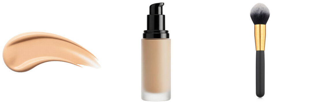 Foundation makeup swatch, bottle, and brush isolated on transparent background