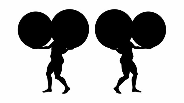 Silhouette of two nomadic astronomers carrying large celestial bodies on their shoulders in a vector illustration