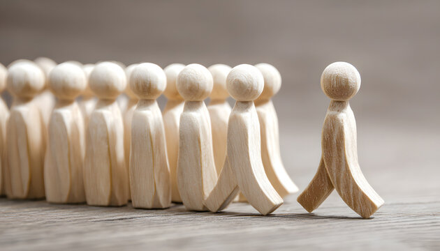 Wooden figures exhibit group conformity while one individual breaks away from the norm. This represents individuality, leadership, and breaking from the norm. It is a comparison between teamwork and d