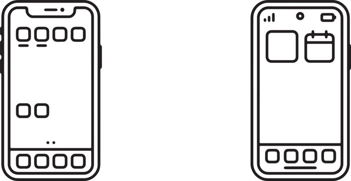 Art & Illustration, Mobile smartphone grid screen layout and back camera lens outline vector icons