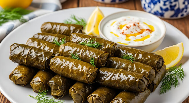 Dolma rolls arranged on a white plate are garnished with fresh dill and bright lemon wedges.