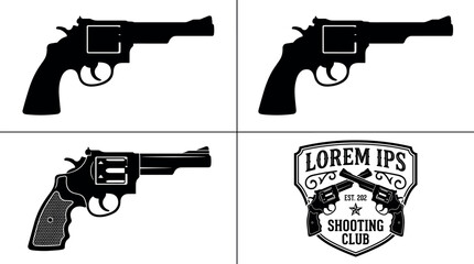 Set of revolver handgun vectors featuring black silhouettes detailed gun graphics and shooting club emblem templateSet of revolver handgun vectors featuring black silhouettes detailed gun graphics  © MdOsiar