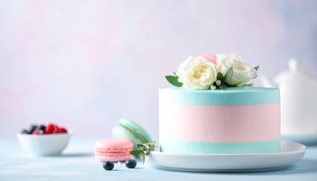 Pastel Layer Cake Decorated with White Roses on Elegant Dessert Table