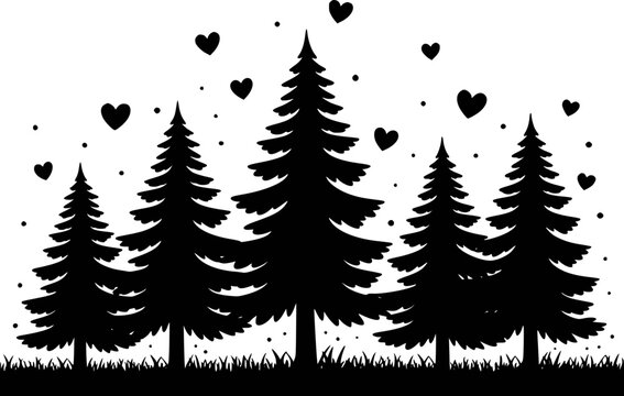 Black silhouette of pine trees with hearts and dots a white background