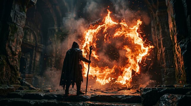 Mysterious Mage Enters Fiery Portal in Dark Dungeon
