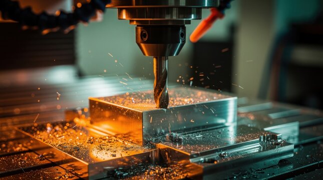A close-up of a CNC milling machine drilling a metal block, creating hot sparks and shavings. A concept of industrial manufacturing and precision engineering.