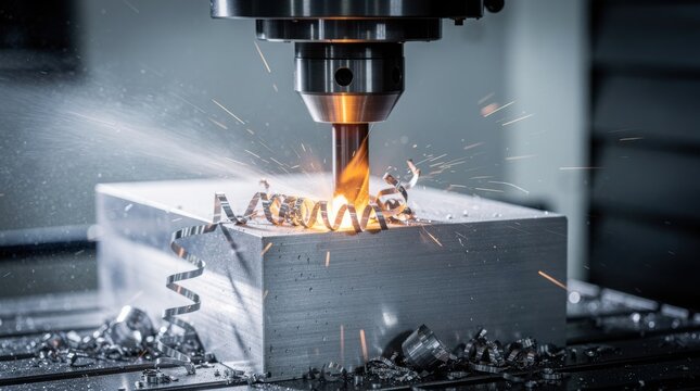 A CNC milling machine cuts into a metal block, creating hot sparks and spiral shavings. A close-up of industrial metalworking and precision engineering.