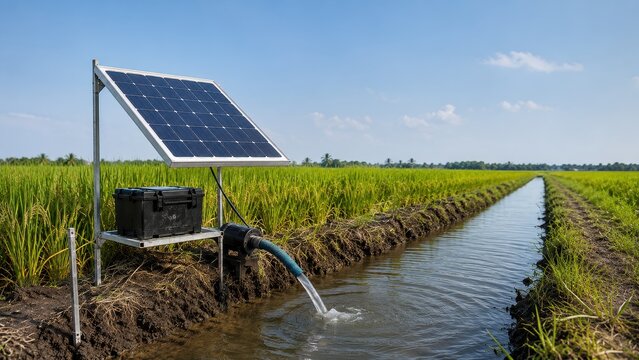 Solar-powered irrigation pump spraying water in green farm field, wide shot with drainage canal and blue sky