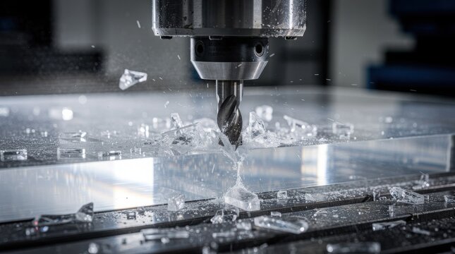 A CNC milling machine drill bit cuts into a clear acrylic sheet, sending sharp fragments flying. A macro shot of industrial manufacturing and precision engineering.