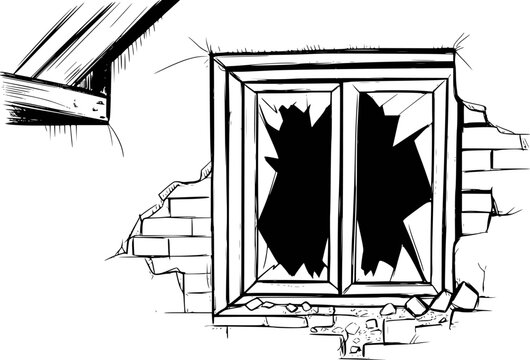 Hand-drawn of a broken window in a crumbling brick wall damaged