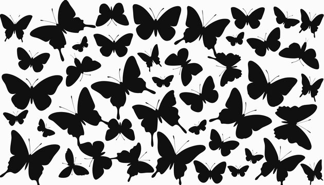 Seamless butterfly vector pattern featuring a collection of black insect silhouettes, delicate floral elements, and leaves for a nature-inspired design