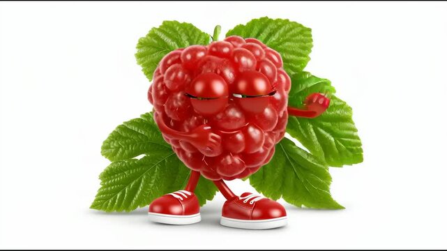 A cartoon raspberry character dances cheerfully against a white background. Animation of a ripe berry with green leaves.