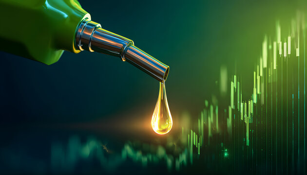 The idea of eco energy trading and alternative fuel economy investment is illustrated by green fuel drops falling from the pump nozzle over a glowing financial market chart.